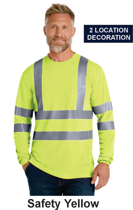 CornerStone® ANSI 107 Class 3 Long Sleeve Snag-Resistant Reflective T-Shirt w/ 2 Location Print (CS409) - 2 Colors Available