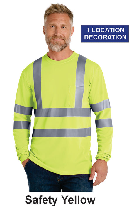 CornerStone® ANSI 107 Class 3 Long Sleeve Snag-Resistant Reflective T-Shirt w/ 1 Location Print (CS409) - 2 Colors Available